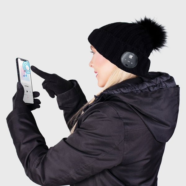 Blu Toque With Black Faux Fur Pom Pom & Touch Screen Gloves - Black Combo Kit