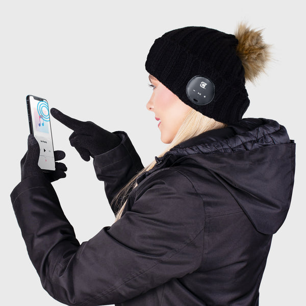 Blu Toque With Brown Faux Fur Pom Pom & Touch Screen Gloves - Brown Combo Kit