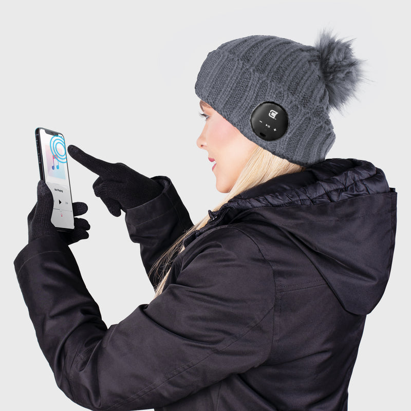 Blu Toque With Grey Faux Fur Pom Pom & Touch Screen Gloves - Ash Grey Combo Kit