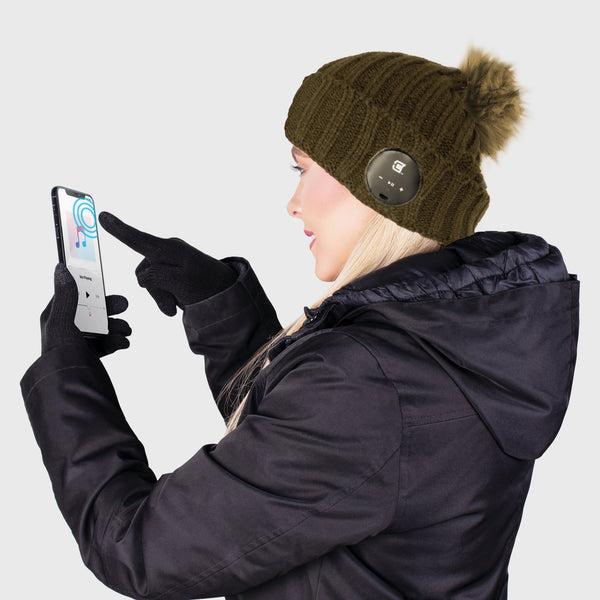 Blu Toque With Olive Green Faux Fur Pom Pom & Touch Screen Gloves - Olive Green Combo Kit