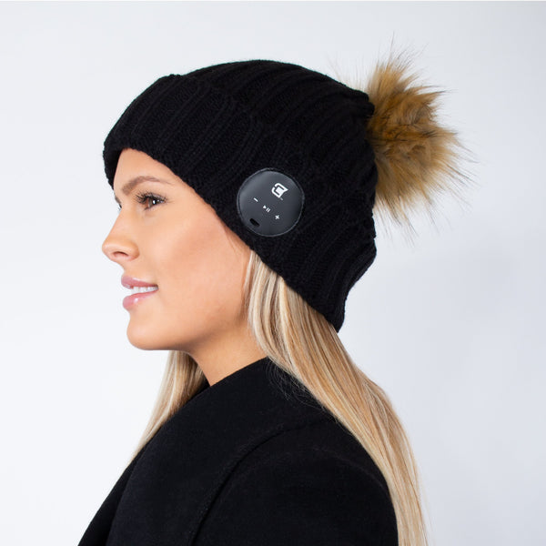 Bluetooth Beanie Dual Layered Black with Brown Fur Pom