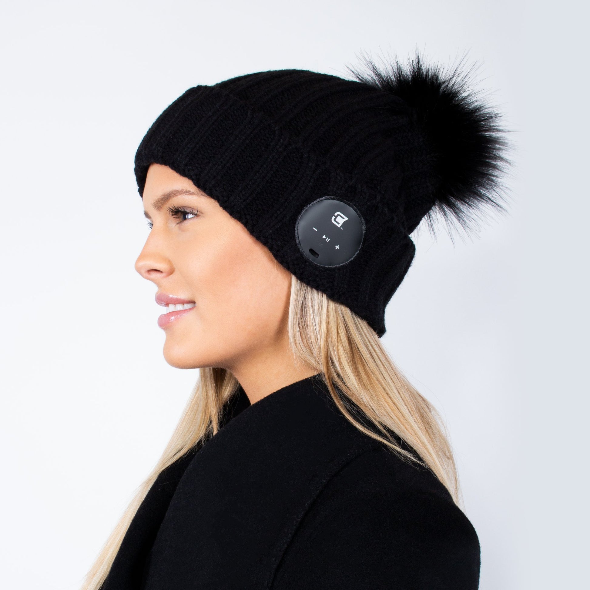 Dual Layered Noir Bluetooth Beanie with Black Fur Pom - Blu-Toque Lush Series