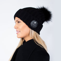 Woman Bluetooth Beanie With Black Faux Fur Pom Pom - Black