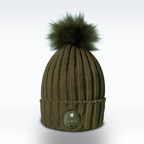 Woman Bluetooth Beanie With Olive Green Faux Fur Pom Pom - Olive Green