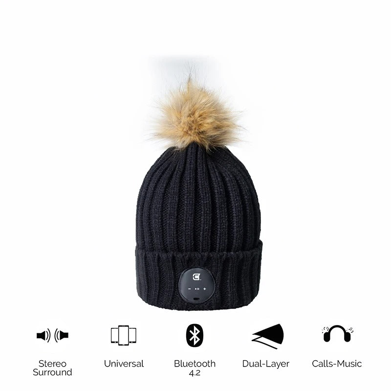 Woman Bluetooth Beanie With Brown Faux Fur Pom Pom - Black