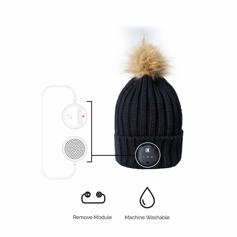 Woman Bluetooth Beanie With Brown Faux Fur Pom Pom - Black