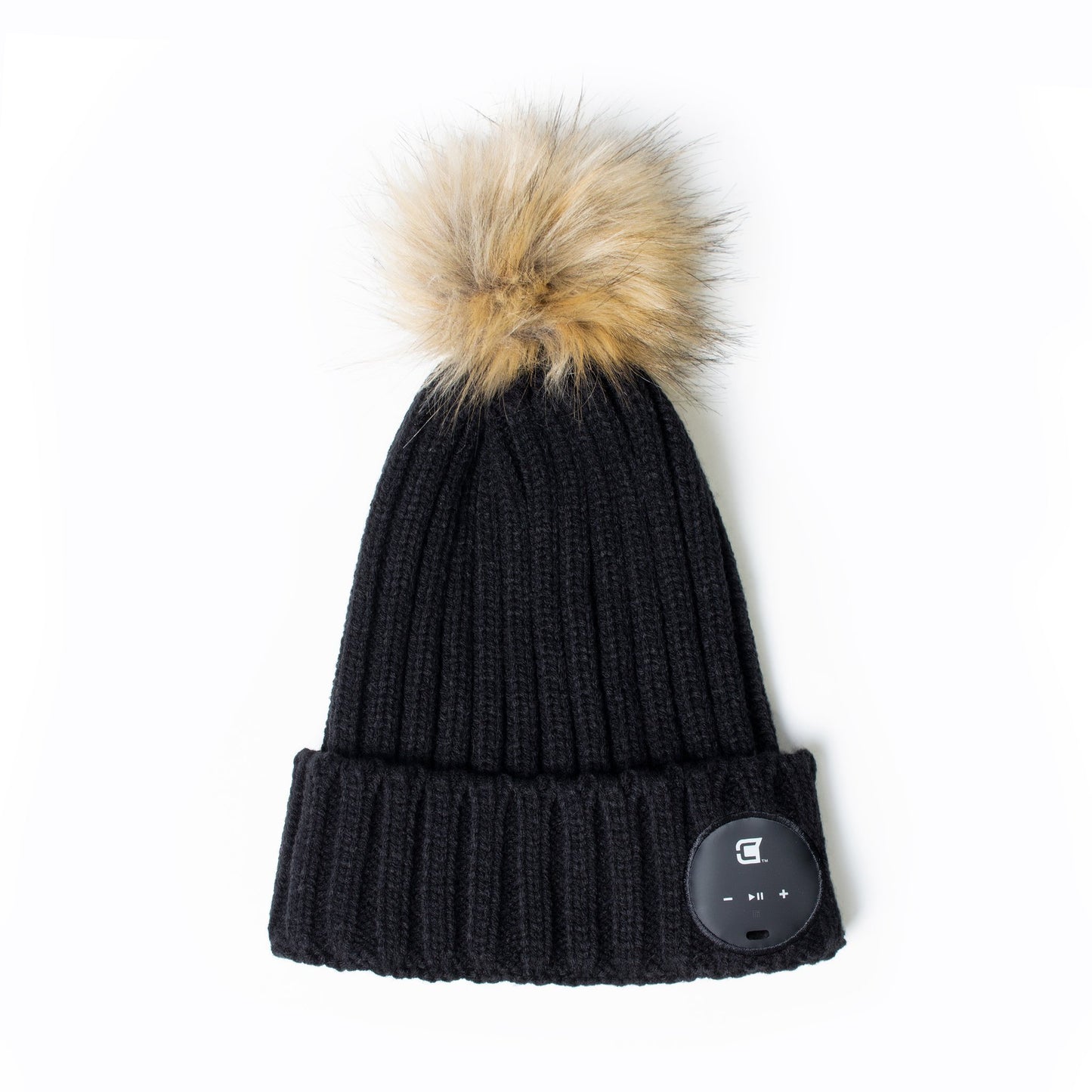 Woman Bluetooth Beanie With Brown Faux Fur Pom Pom - Black
