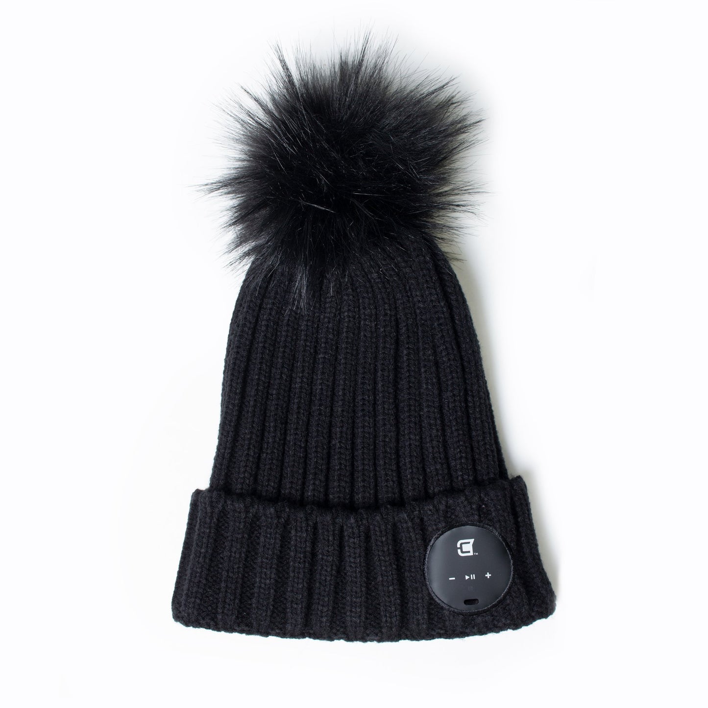 Woman Bluetooth Beanie With Black Faux Fur Pom Pom - Black