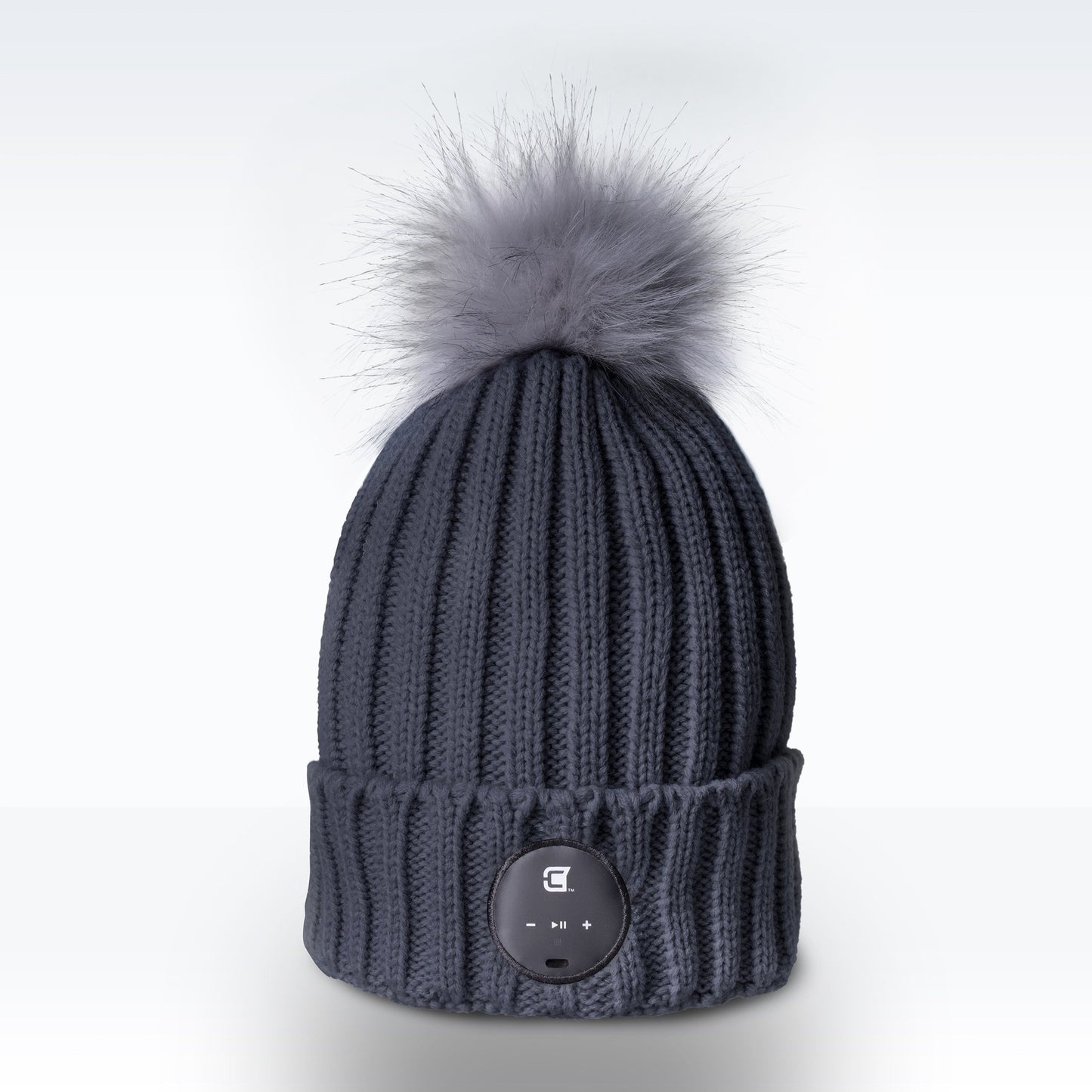 Woman Bluetooth Beanie With Grey Faux Fur Pom Pom - Ash Grey