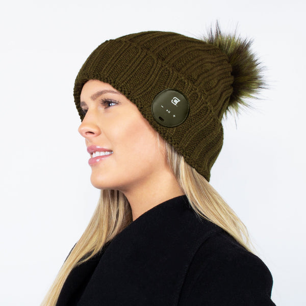 Bluetooth Beanie Dual Layered Olive with Green Fur Pom