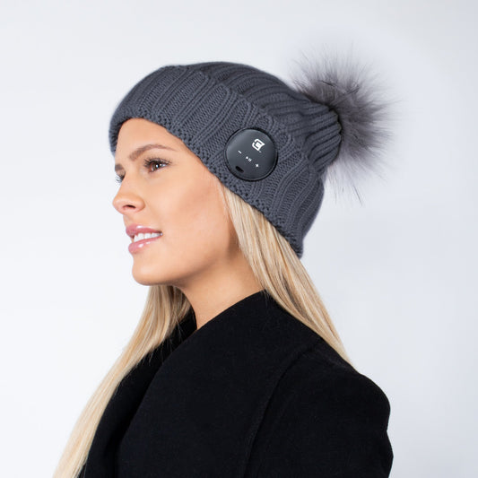 Bluetooth Beanie Dual Layered Ash Grey with Grey Fur Pom