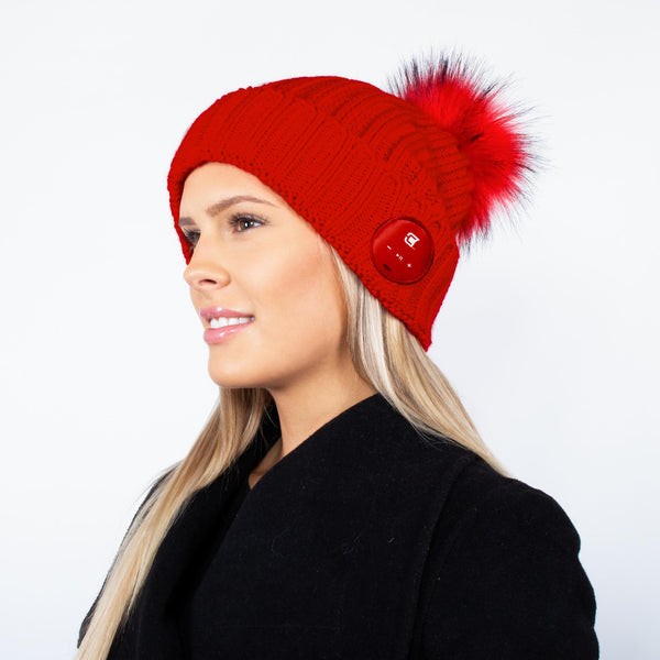 Bluetooth Beanie Dual Layered Red with Red Fur Pom